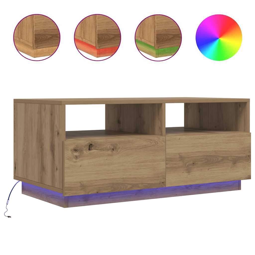 Tavolino da Salotto con Luci LED Rovere Artigianale 90x49x40 cm | homemem39