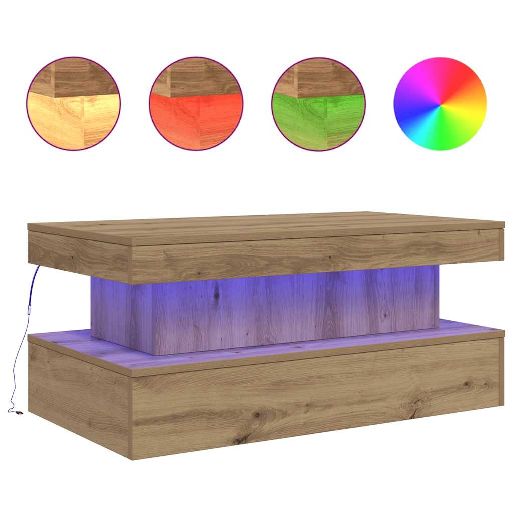 Tavolino da Salotto con Luci LED Rovere Artigianale 90x50x40 cm