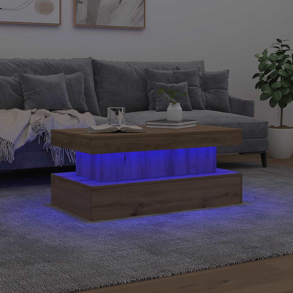 Tavolino da Salotto con Luci LED Rovere Artigianale 90x50x40 cm