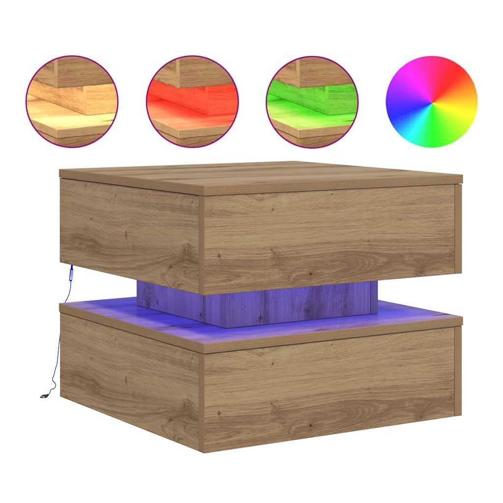 Tavolino da Salotto con Luci LED Rovere Artigianale 50x50x40 cm