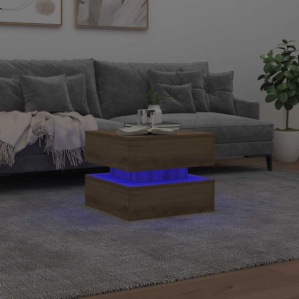 Tavolino da Salotto con Luci LED Rovere Artigianale 50x50x40 cm