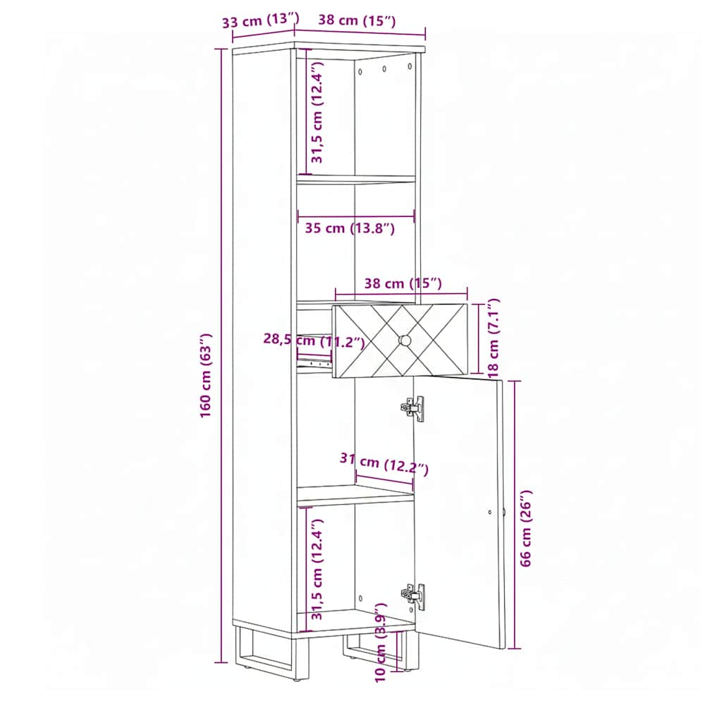 Mobile da Bagno Nero 38x33x160 cm in Legno Massello di Mango | homemem39