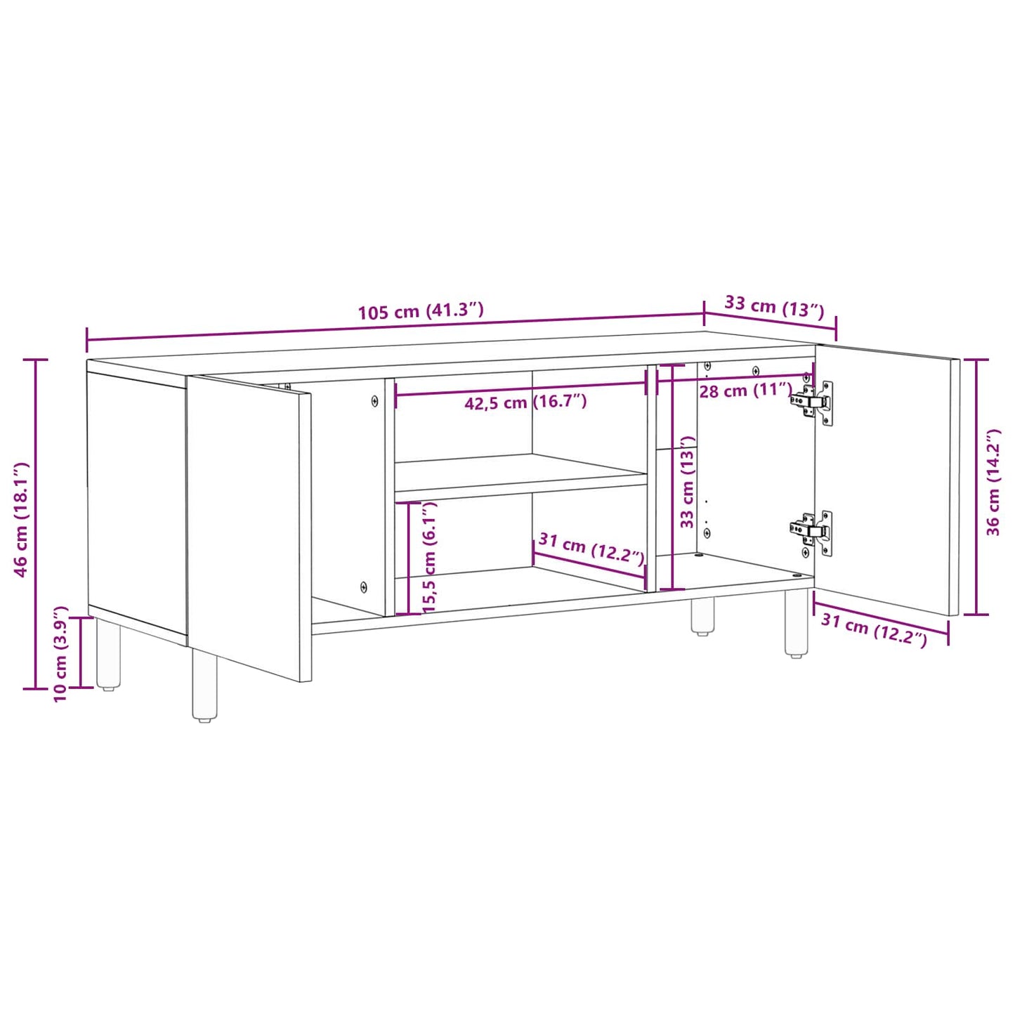 Mobile TV con porta Finitura Bianco Lavato 105 x 33 x 46 cm