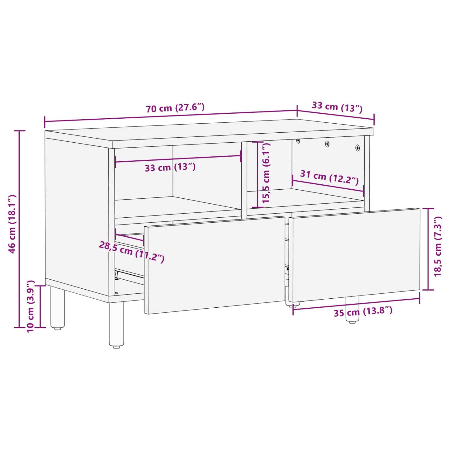 Mobile TV con cassetto Finitura Bianco Lavato 70 x 33 x 46 cm | homemem39
