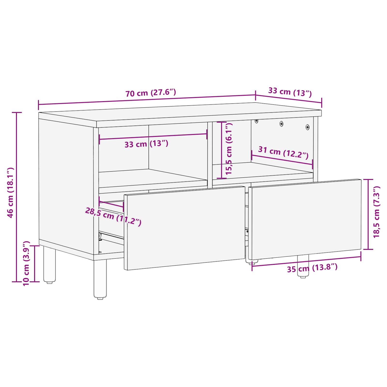 Mobile TV con cassetto Finitura Bianco Lavato 70 x 33 x 46 cm | homemem39