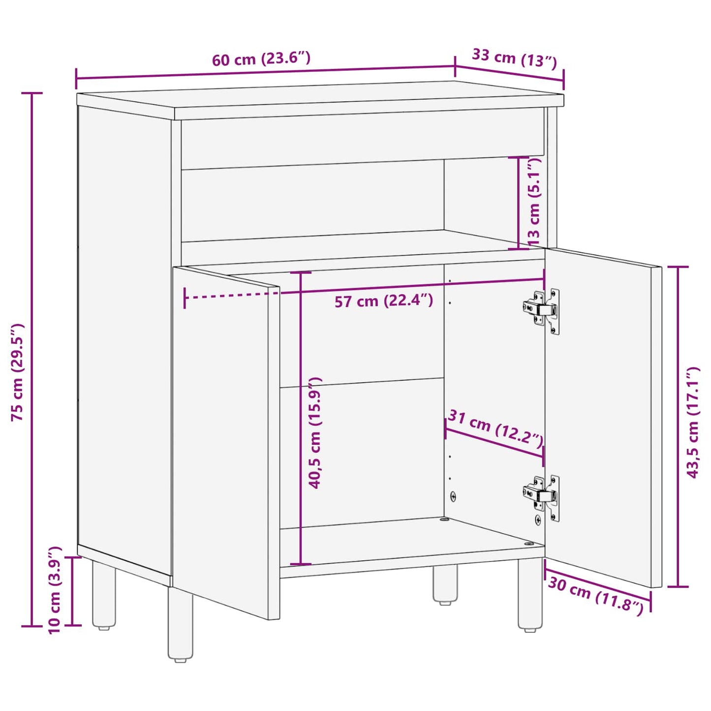 Credenza con porta Finitura Bianco Lavato 60 x 33 x 75 cm | homemem39