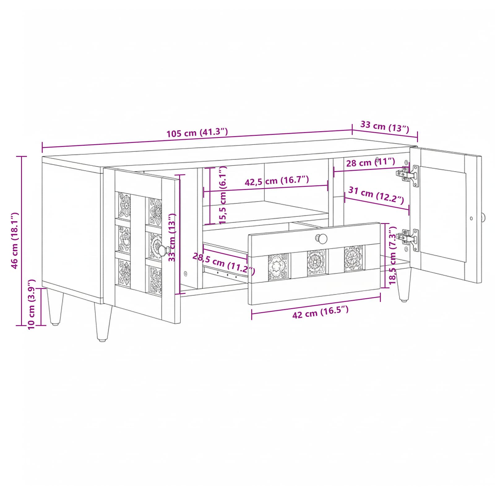 Mobile TV Naturale 105 x 33,5 x 46 cm Legno di mango massello | homemem39