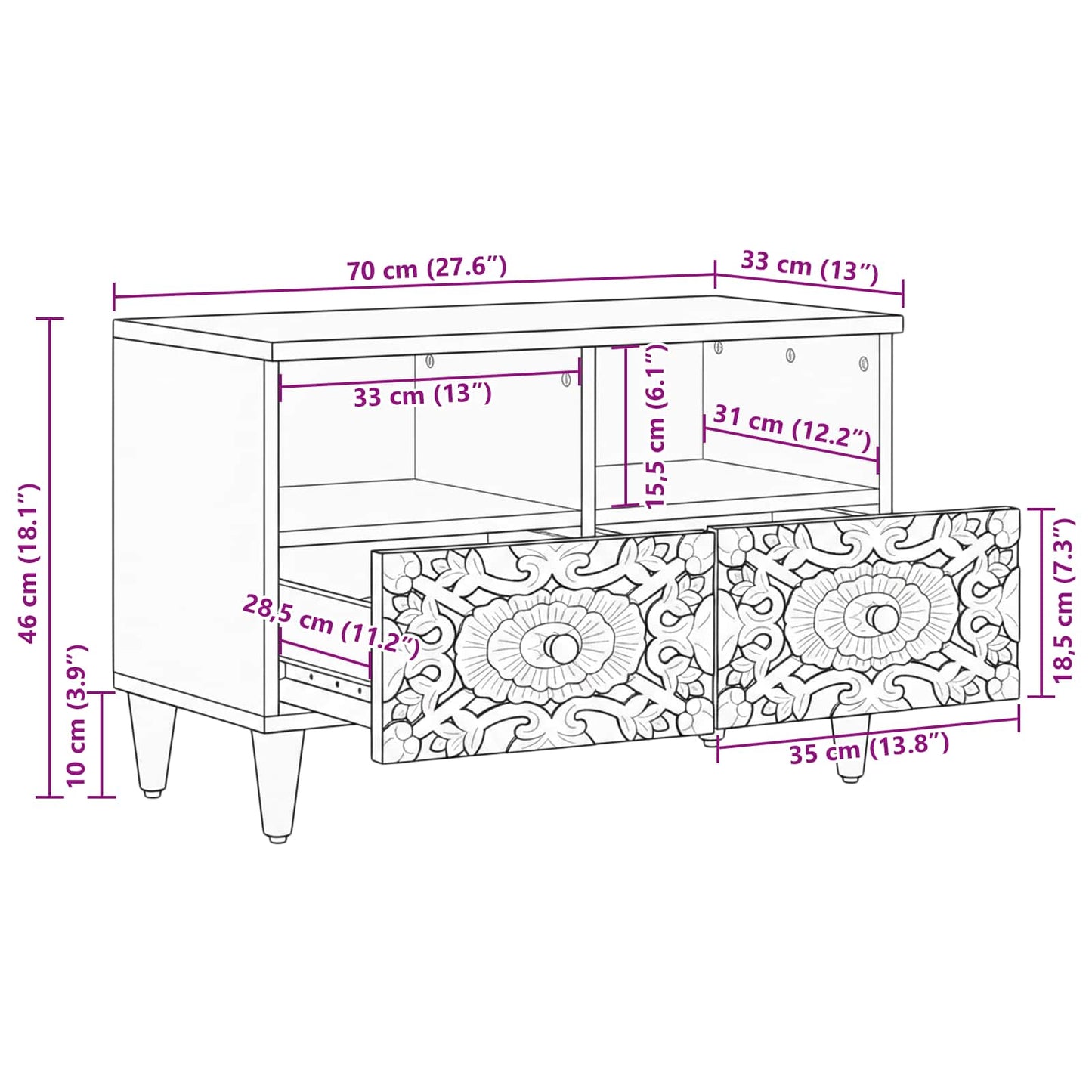 Mobile TV Marrone 70 x 33,5 x 46 cm Legno di mango massello | homemem39