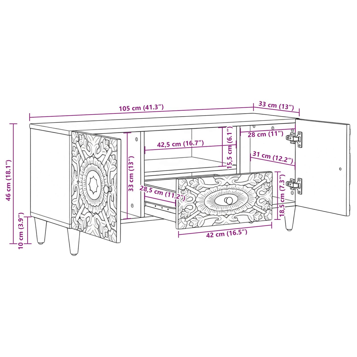Mobile TV Marrone 105 x 33,5 x 46 cm Legno di mango massello | homemem39