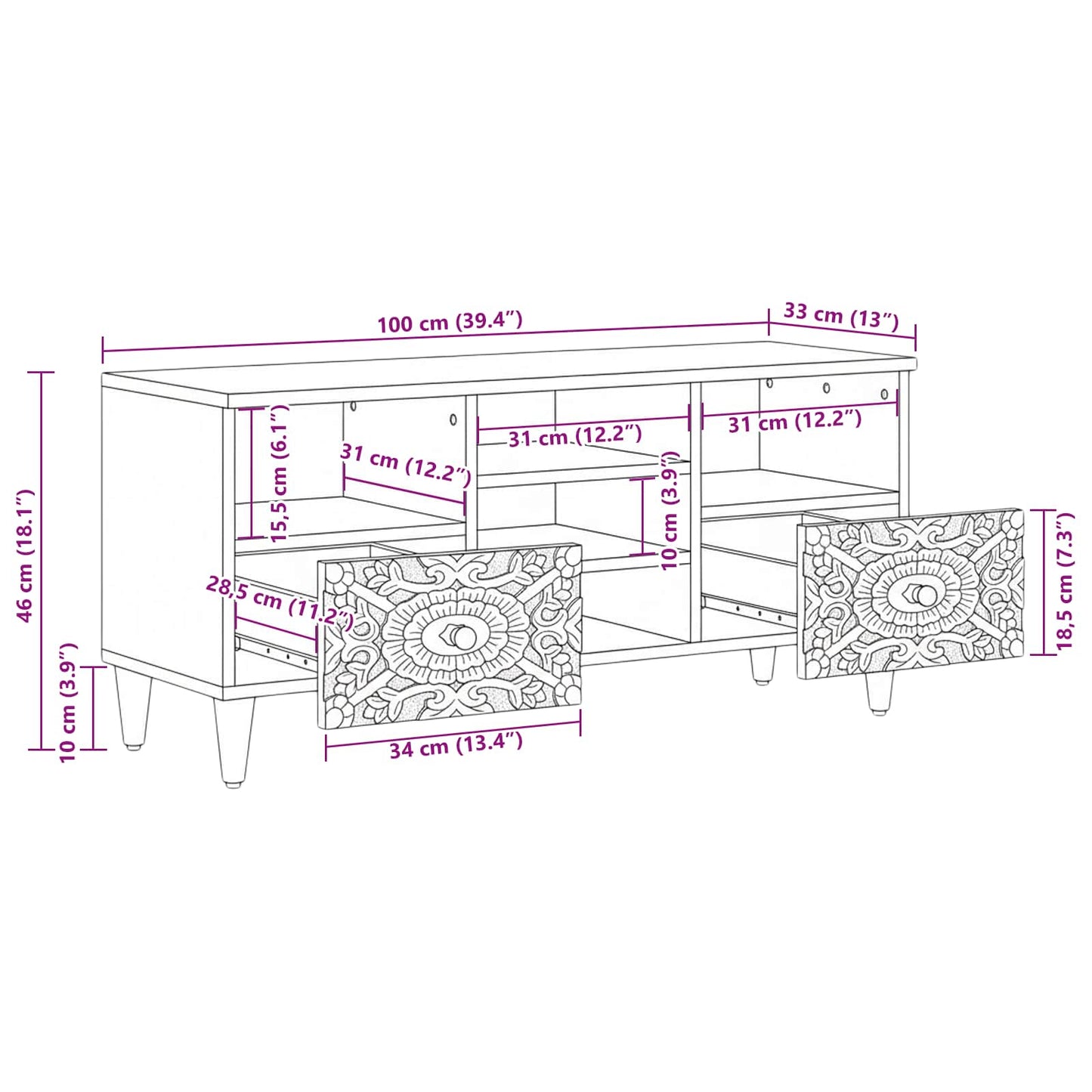 Mobile TV Marrone 100 x 33,5 x 46 cm Legno di mango massello | homemem39