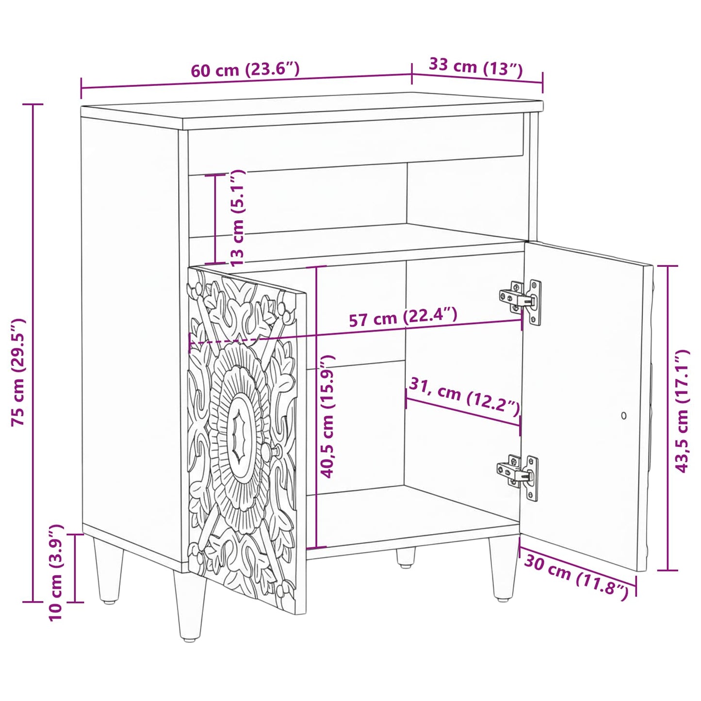 Credenza Marrone 60 x 33,5 x 75 cm Legno di mango massello