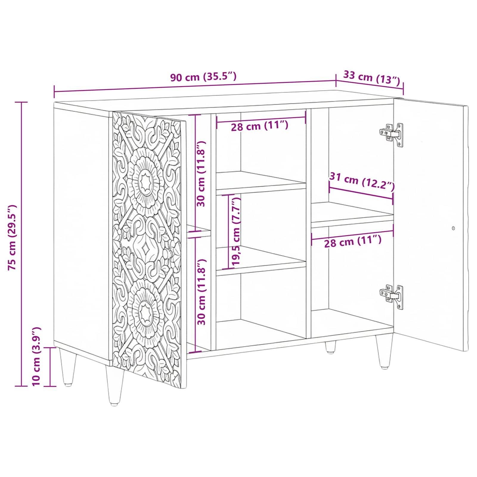 Credenza Marrone 90 x 33,5 x 75 cm Legno di mango massello | homemem39