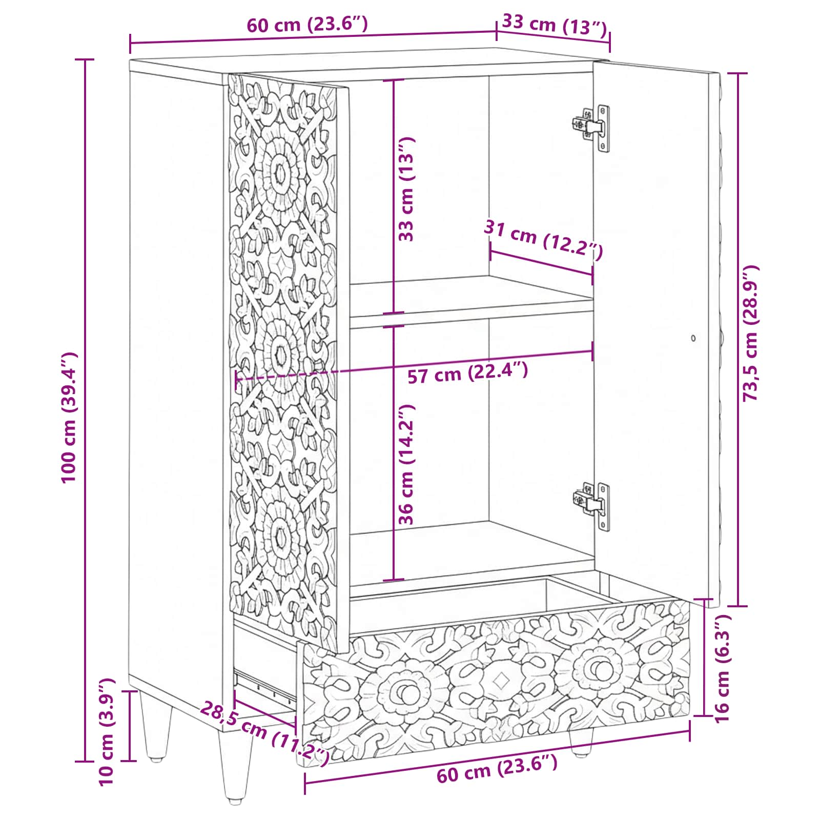 Mobile Alto Marrone 60 x 33,5 x 100 cm Legno di mango massello | homemem39