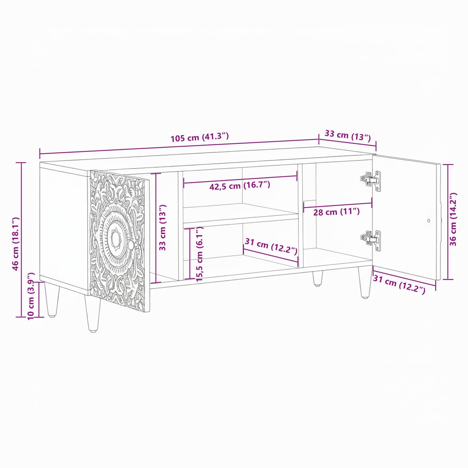 Mobile TV Bianco 105 x 33,5 x 46 cm Legno di mango massello | homemem39
