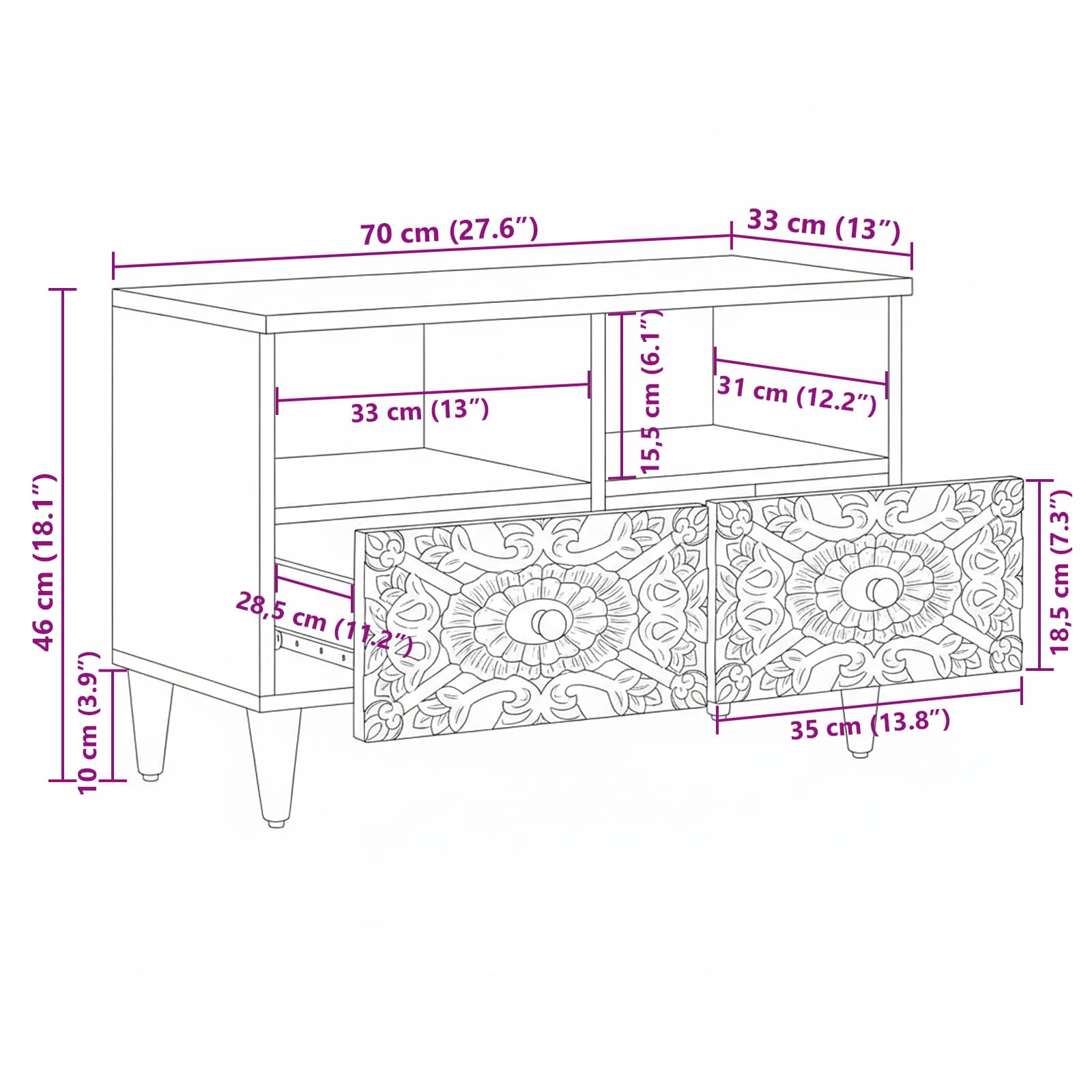 Mobile TV Bianco 70 x 33,5 x 46 cm Legno di mango massello | homemem39
