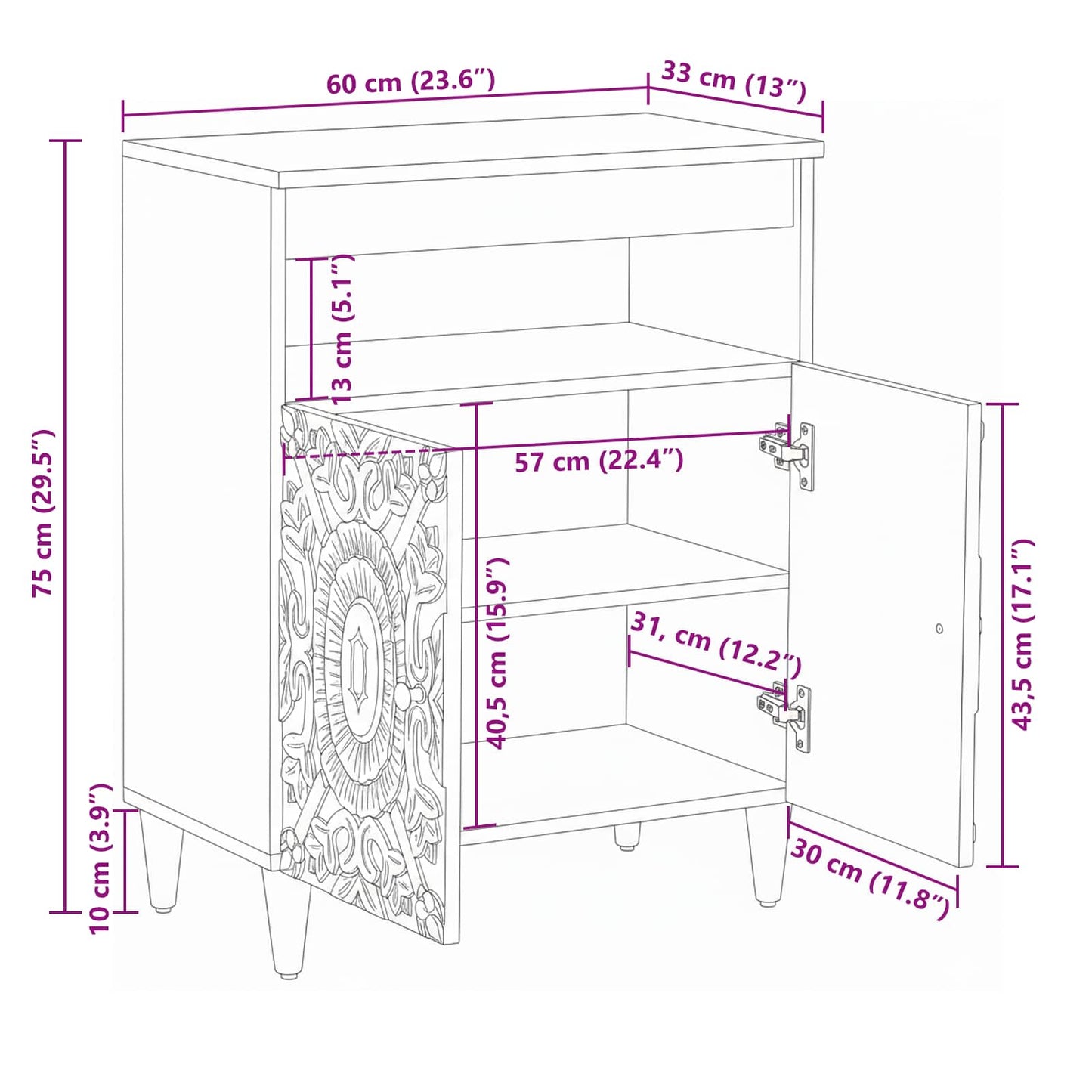 Credenza Bianco 60 x 33,5 x 75 cm Legno di mango massello | homemem39