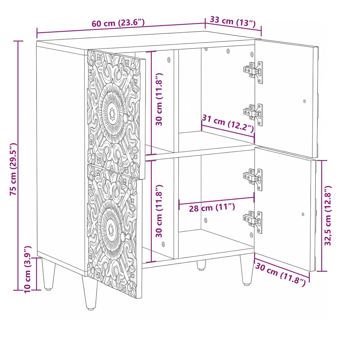 Credenza Bianco 60 x 33,5 x 75 cm Legno di mango massello | homemem39