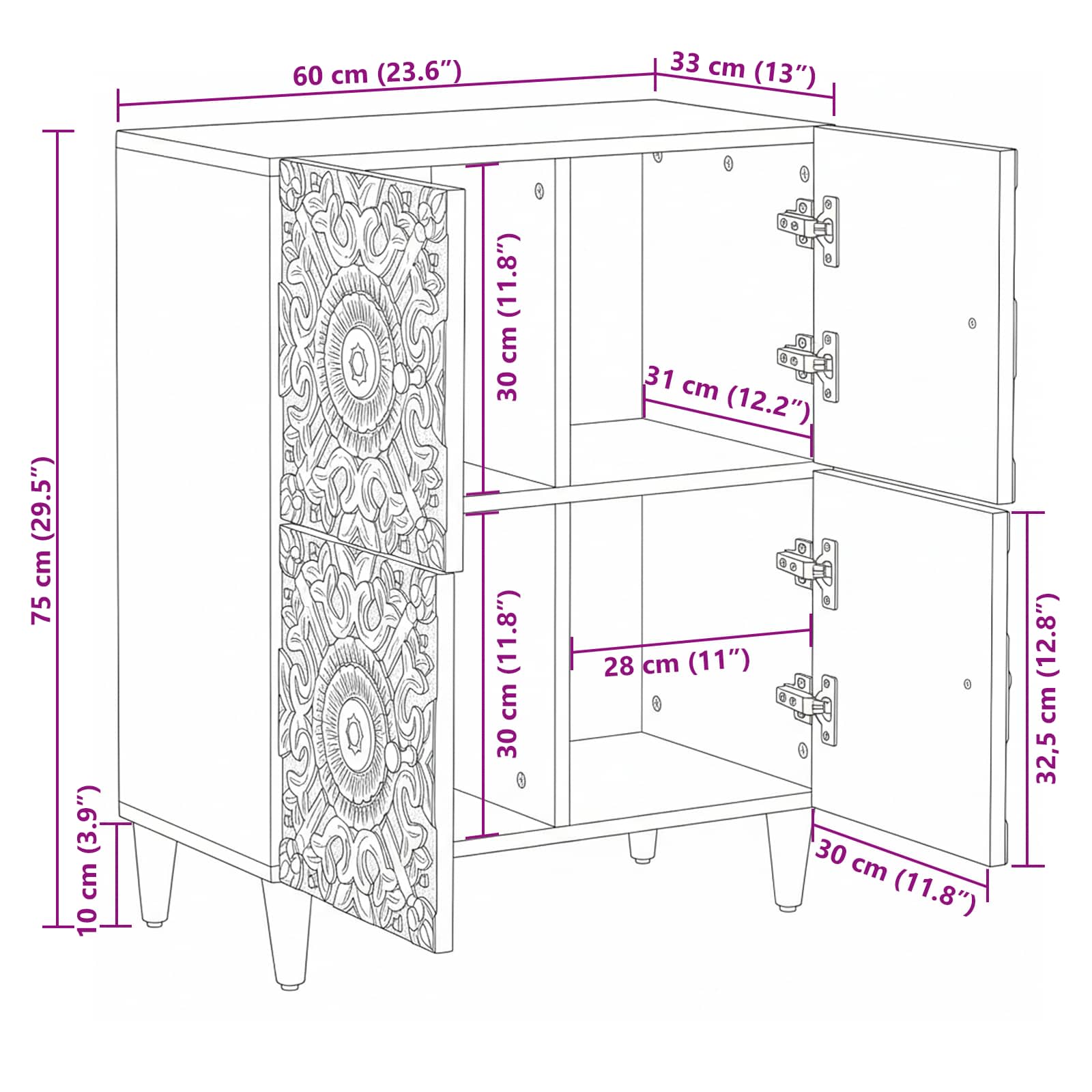 Credenza Bianco 60 x 33,5 x 75 cm Legno di mango massello | homemem39