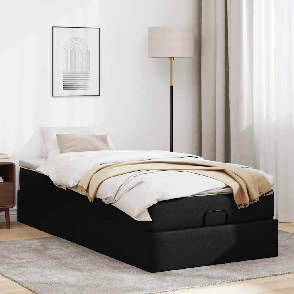 Struttura Letto Pouf con Materasso Nero 90x200 cm Similpelle