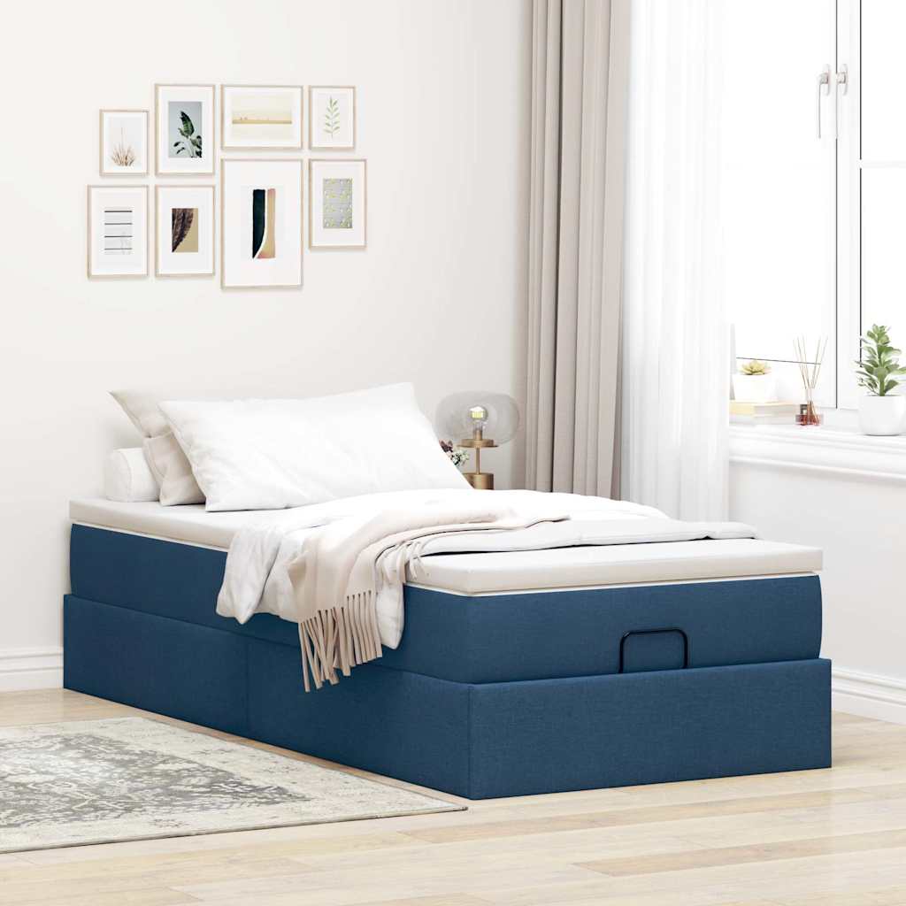 Struttura Letto Pouf con Materasso Blu 90x190 cm in Tessuto