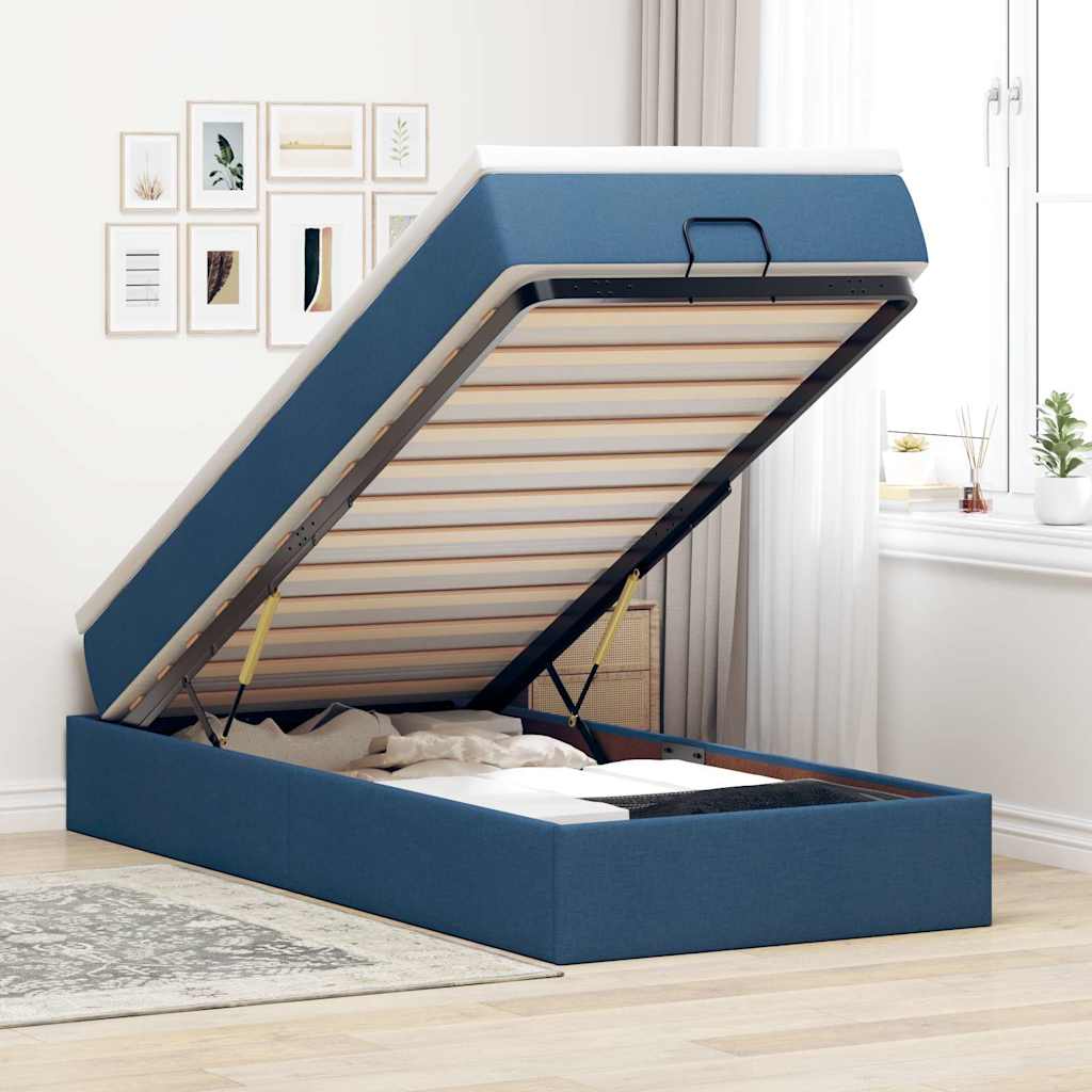 Struttura Letto Pouf con Materasso Blu 90x190 cm in Tessuto