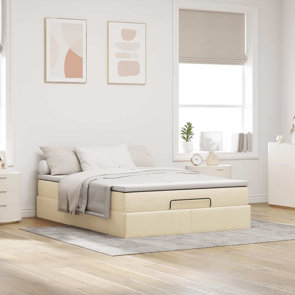 Struttura Letto Pouf con Materasso Crema 140x190 cm in Tessuto