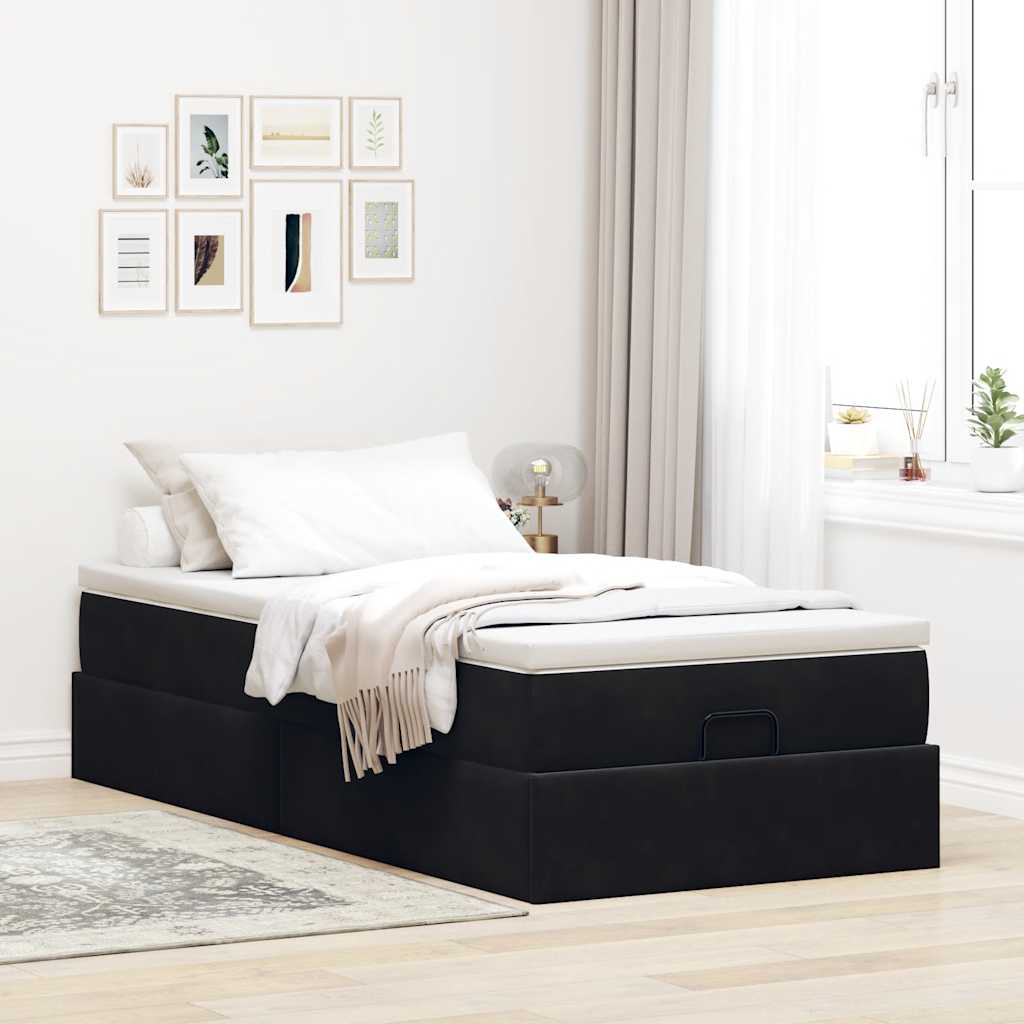 Struttura Letto Pouf con Materasso Nero 90x200 cm in Velluto