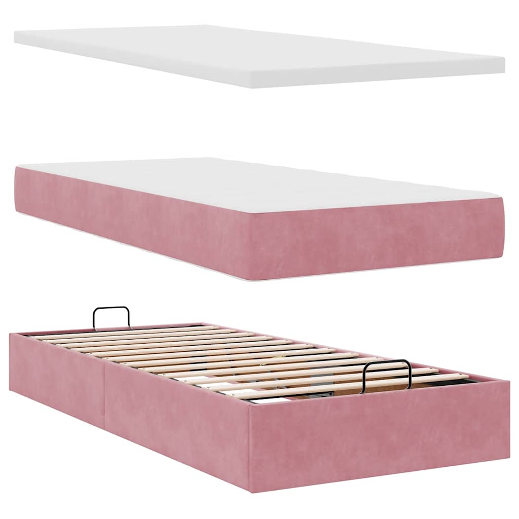Struttura Letto Pouf con Materasso Rosa 90x200 cm in Velluto