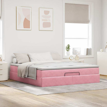 Struttura Letto Pouf con Materasso Rosa 160x200 cm in Velluto