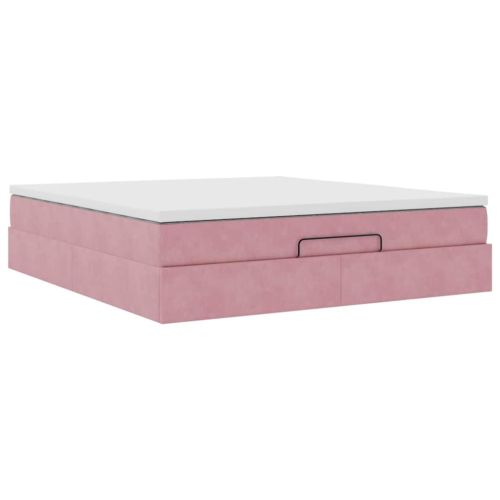 Struttura Letto Pouf con Materasso Rosa 160x200 cm in Velluto