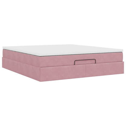 Struttura Letto Pouf con Materasso Rosa 160x200 cm in Velluto