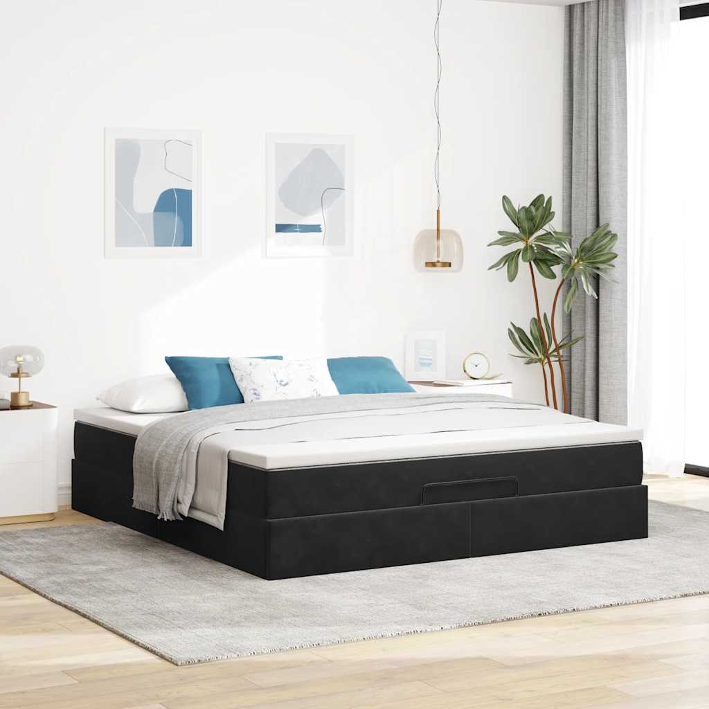 Struttura Letto Pouf con Materasso Nero 180x200 cm in Velluto
