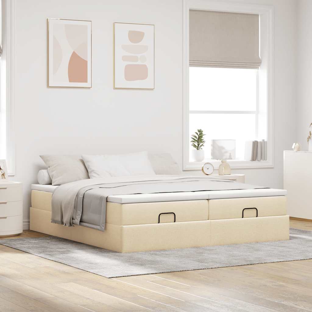 Struttura Letto Pouf con Materassi Crema 200x200 cm in Tessuto