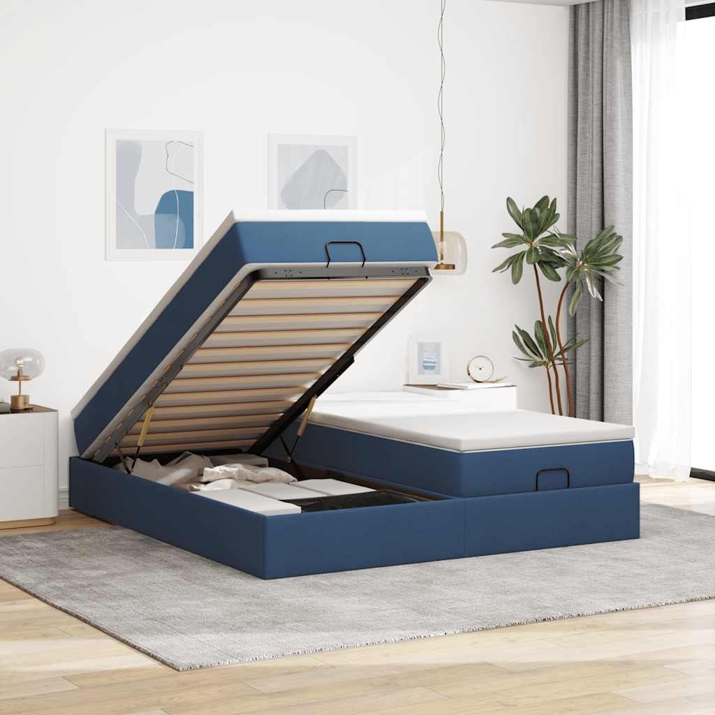 Struttura Letto Pouf con Materassi Blu 200x200 cm in Tessuto | homemem39