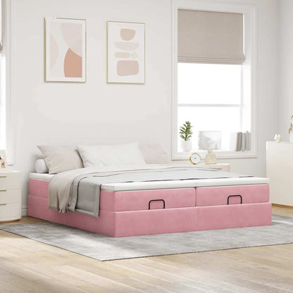 Struttura Letto Pouf con Materassi Rosa 160x200 cm Velluto