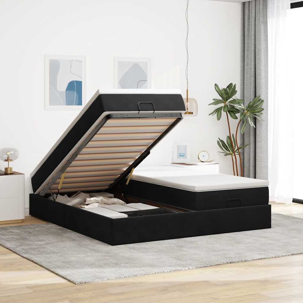 Struttura Letto Pouf con Materassi Nero 180x200 cm in Velluto