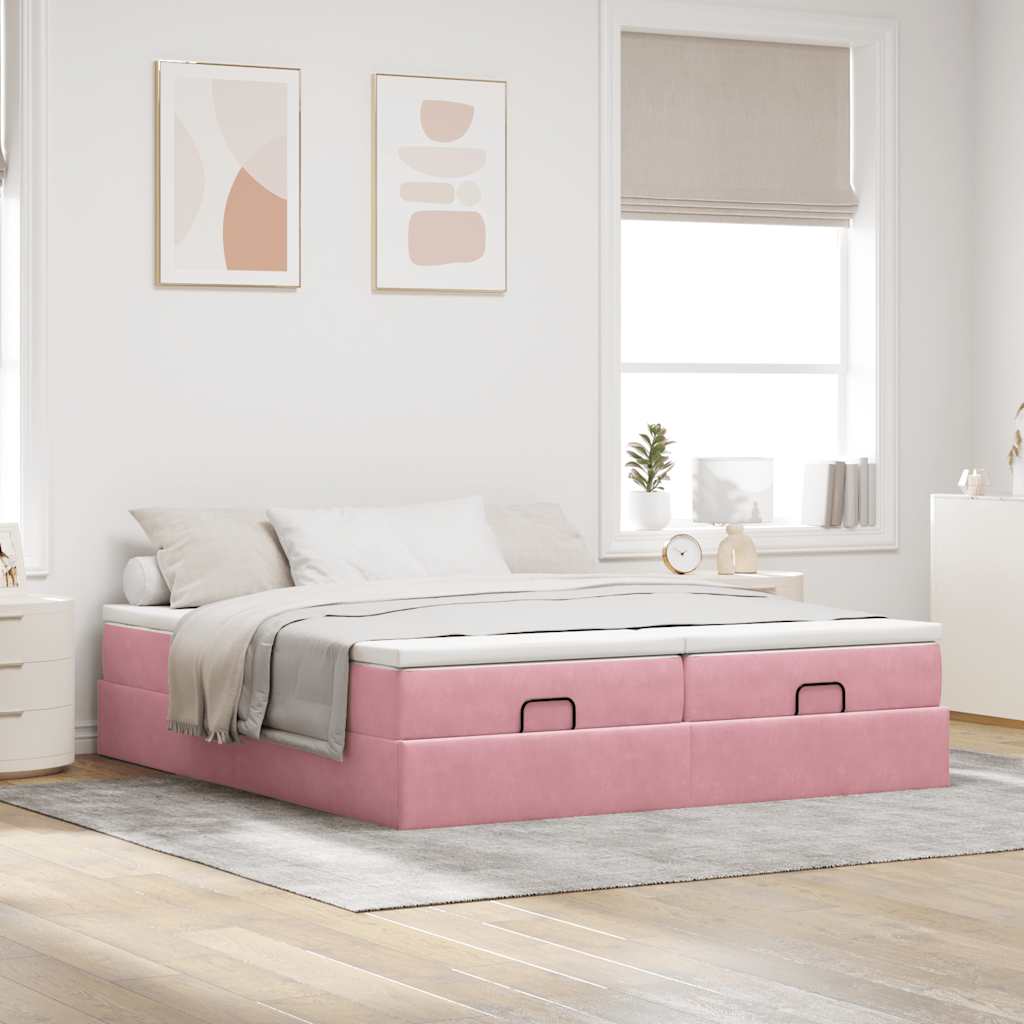 Struttura Letto Pouf con Materassi Rosa 200x200 cm Velluto