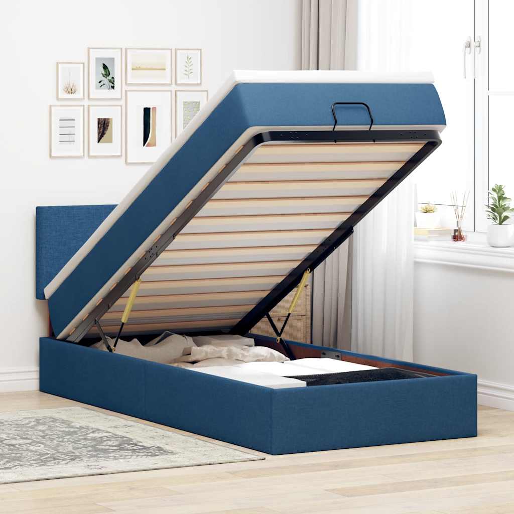 Struttura Letto Pouf con Materasso Blu 90x190 cm in Tessuto