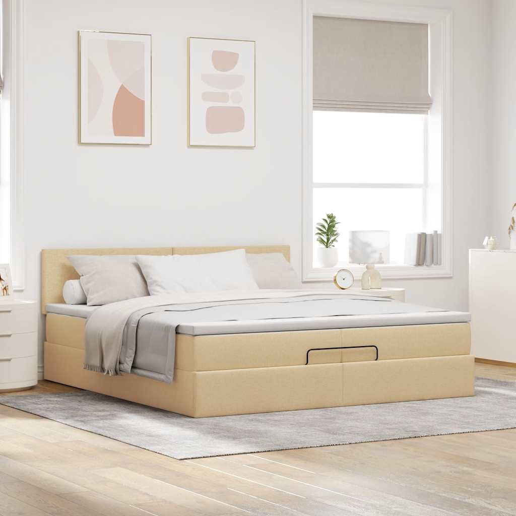 Struttura Letto Pouf con Materasso Crema 200x200cm in Tessuto