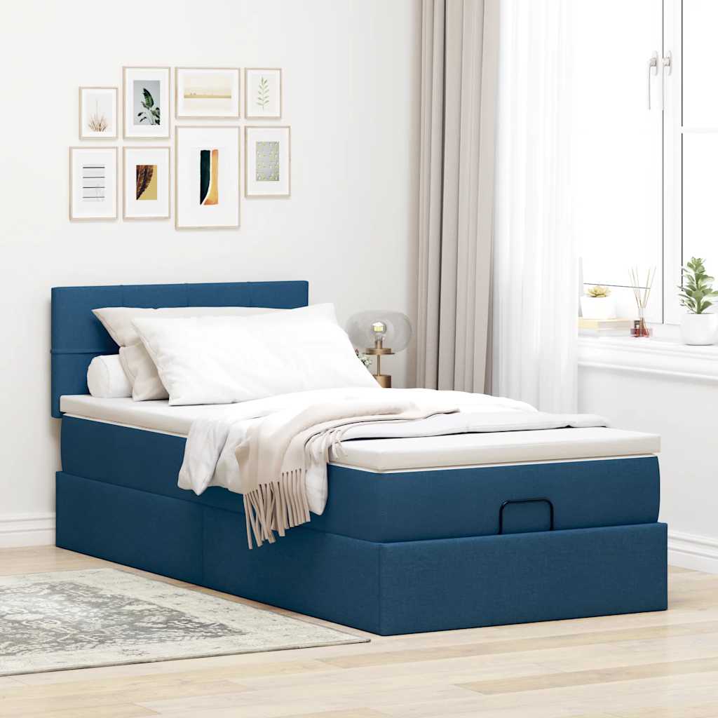 Struttura Letto Pouf con Materasso Blu 90x190 cm in Tessuto