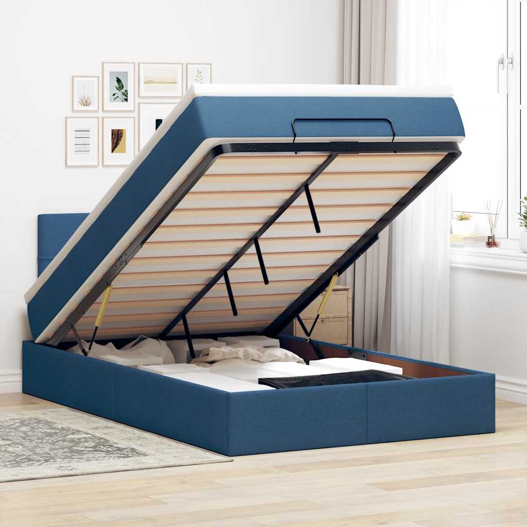 Struttura Letto Pouf con Materasso Blu 120x190 cm in Tessuto