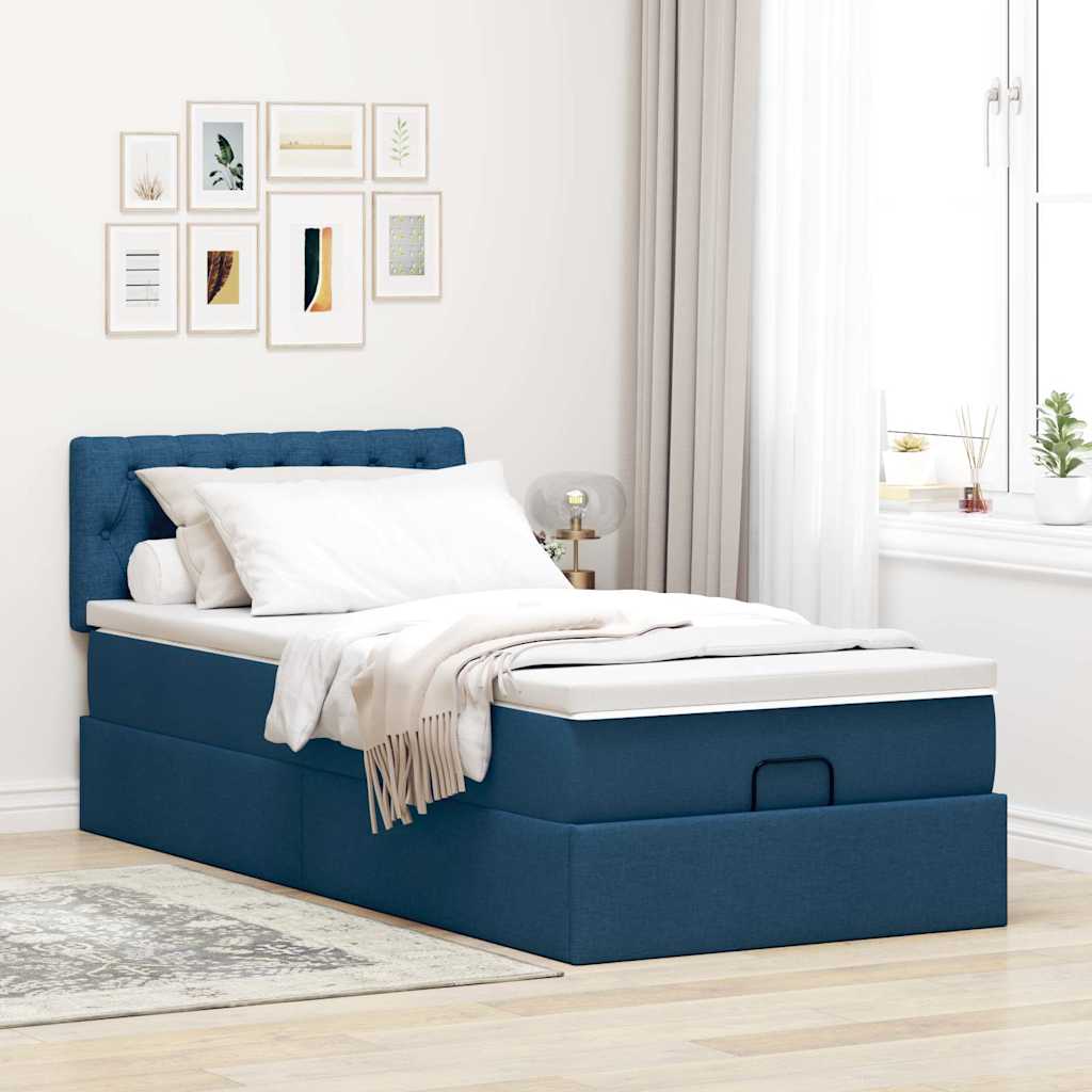 Struttura Letto Pouf con Materasso Blu 90x190 cm in Tessuto