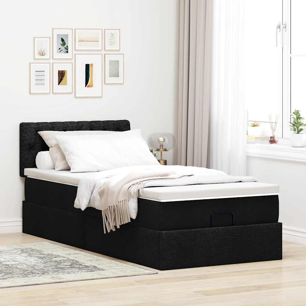 Pouf Letto con Materasso Nero 90x200 cm in Tessuto