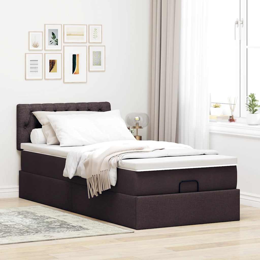 Pouf Letto con Materasso Marrone Scuro 90x200 cm in Tessuto