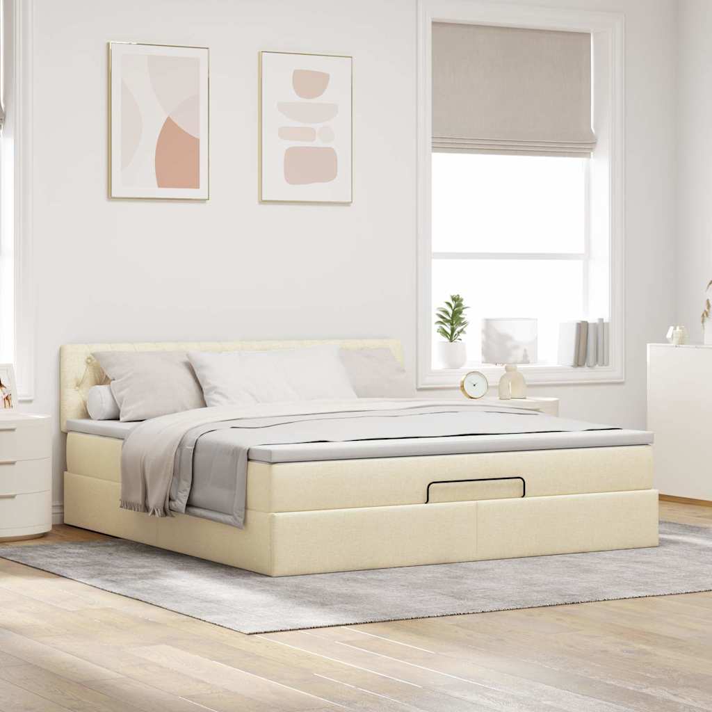 Struttura Letto Pouf con Materasso Crema 160x200 cm in Tessuto