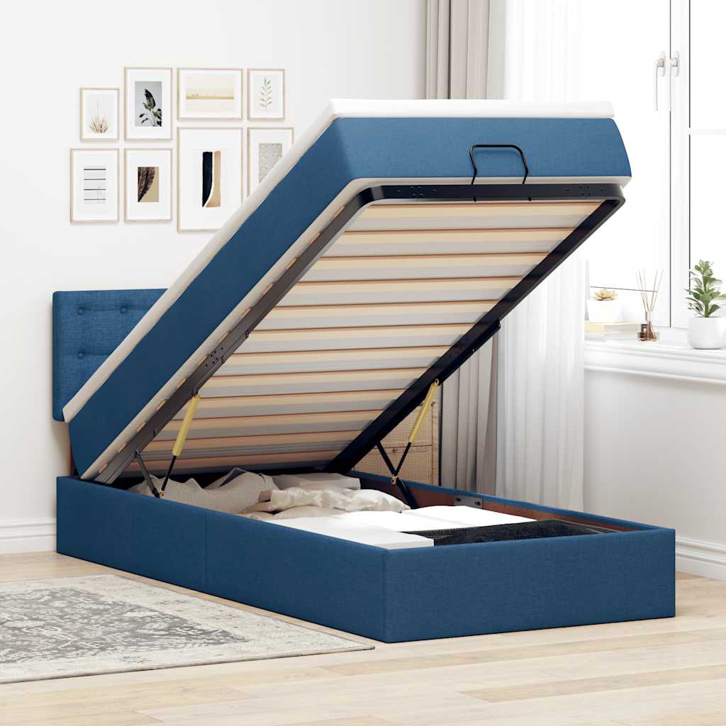 Struttura Letto Pouf con Materasso Blu 90x190 cm in Tessuto