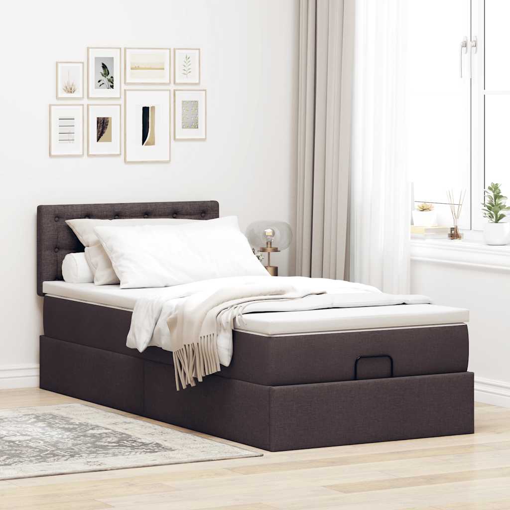 Pouf Letto con Materasso Marrone Scuro 90x200 cm in Tessuto