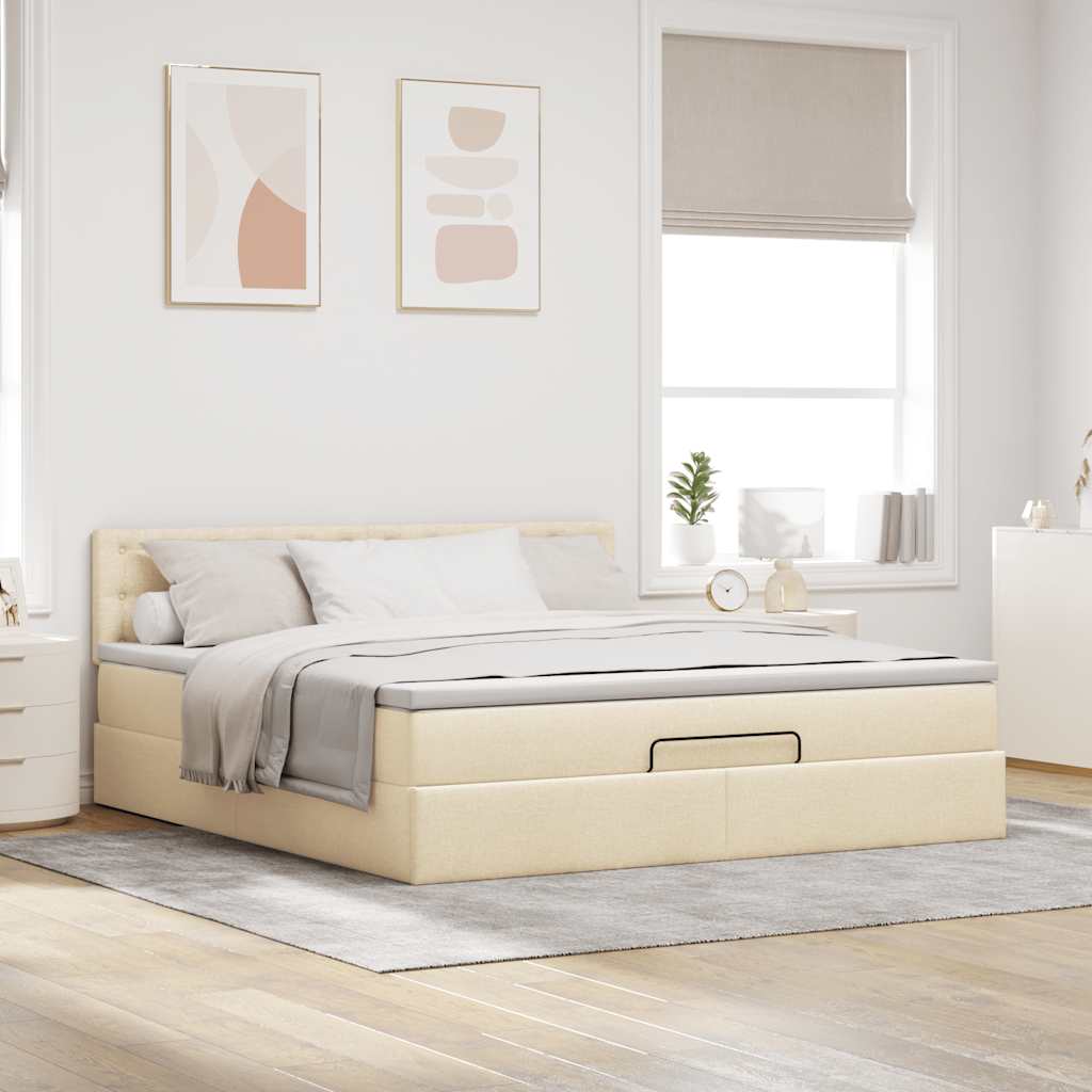 Struttura Letto Pouf con Materasso Crema 160x200 cm in Tessuto | homemem39