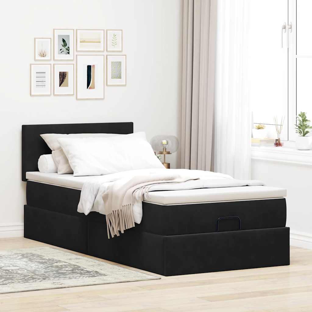 Struttura Letto Pouf con Materasso Nero 90x200 cm in Velluto