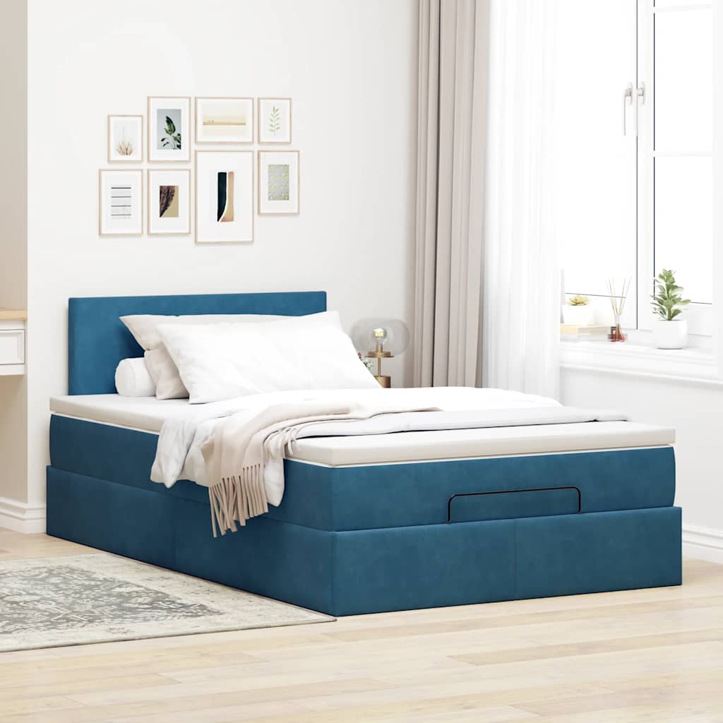 Pouf Letto con Materasso Blu Scuro 120x190 cm Velluto